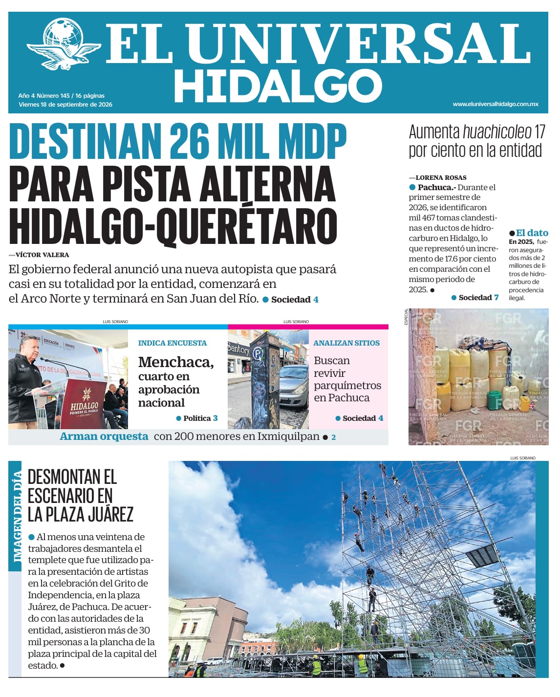 Portada EL Universal HIdalgo 18/9/26