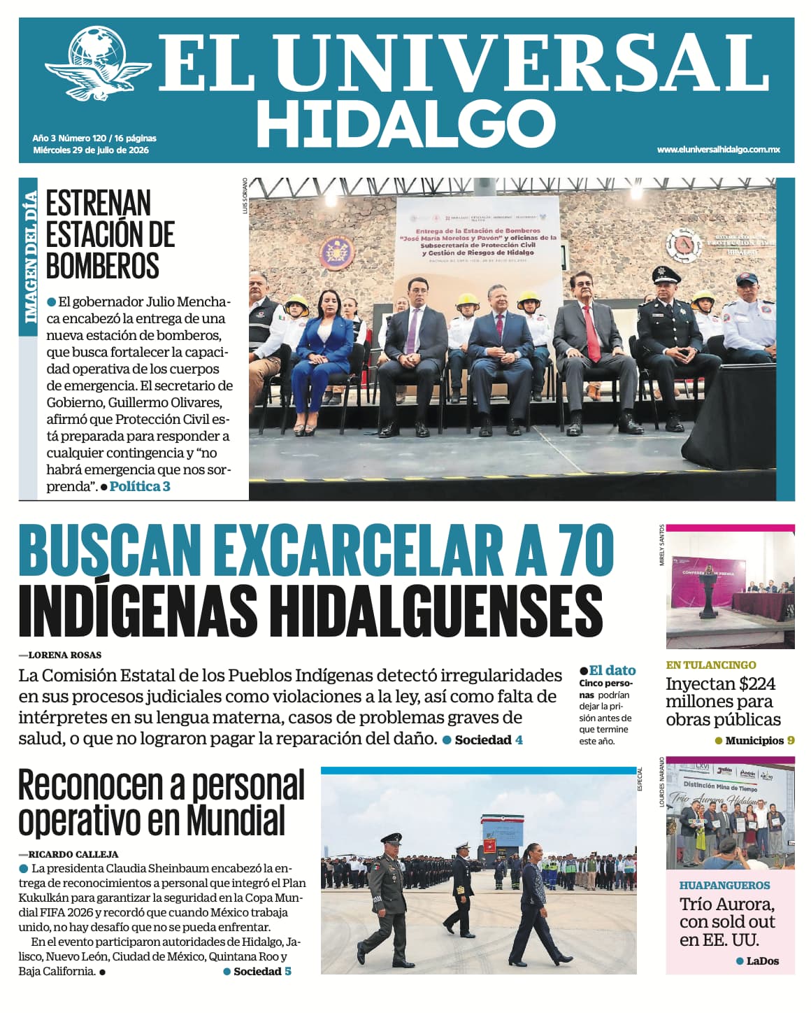 Portada El Universal Hidalgo 29/7/26