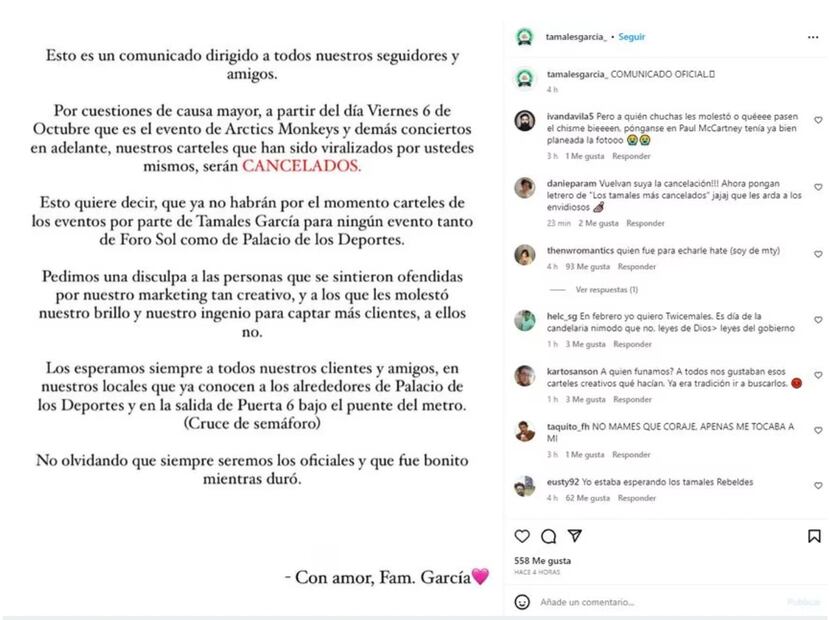 Tamales García le dicen adiós a sus carteles creativos | Foto: Instagram