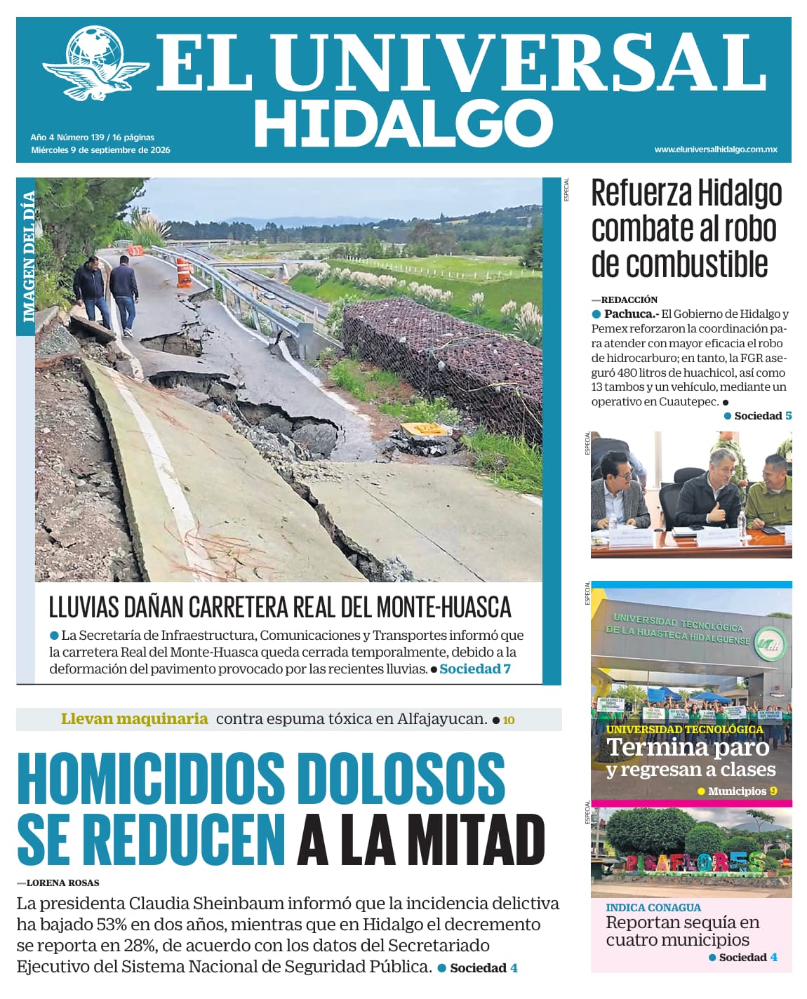 Portada El Universal Hidalgo 9/9/26
