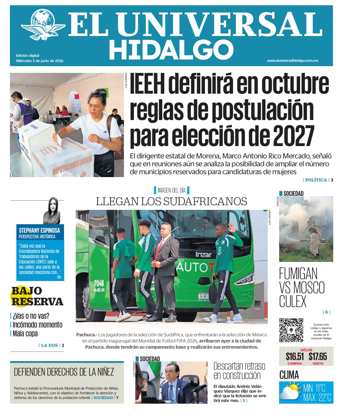 Portada El Universal Hidalgo 3/6/26