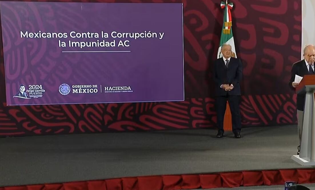 Pablo Gómez presenta informe sobre Mexicanos contra la Corrupción y la Impunidad en la mañanera de AMLO. Foto: Captura