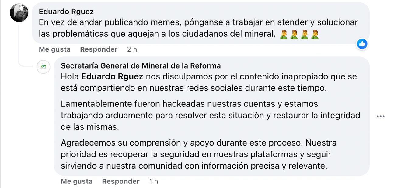 Hackean Facebook del ayuntamiento de Mineral de la Reforma | Captura de pantalla